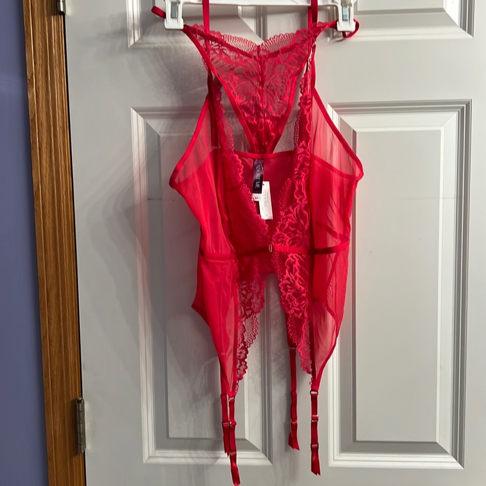 Red lace chemise with panty.